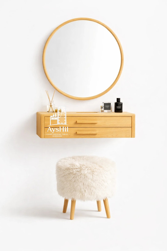 میز آرایش مدل تارا در رنگ رز داستی با آینه گرد بزرگ و طراحی مینیمال مناسب اتاق خواب