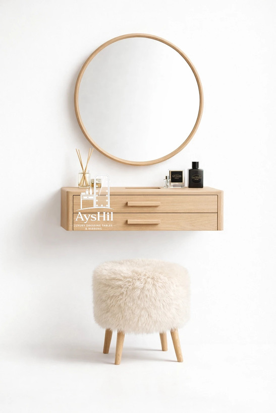 میز آرایش چوبی مدل تارا رنگ صورتی چرک با آینه گرد و صندلی پشمی مناسب دکور مدرن