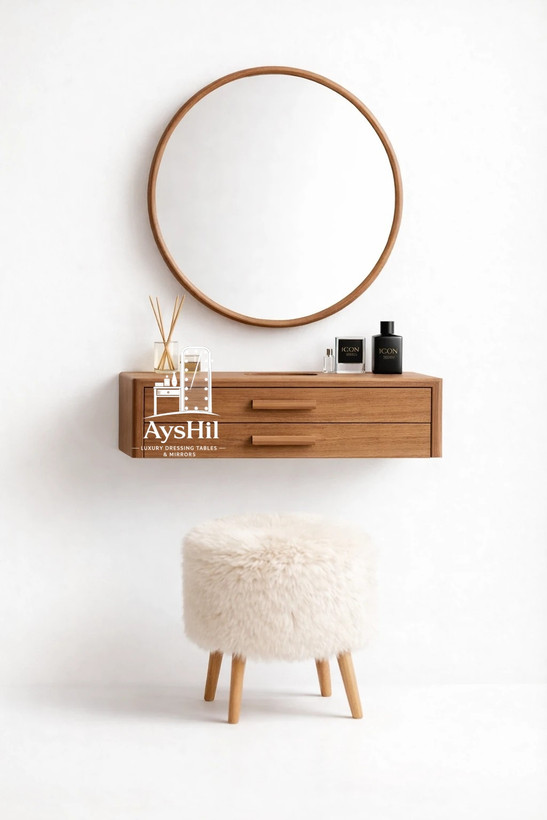 ست کامل میز آرایش چوبی تارا با آینه گرد و صندلی فانتزی در رنگ رز نود