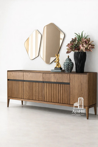 آینه کنسول چوبی لوکس مدل رکورد با MDF روکش طبیعی راش و بلوط و گردو همراه با آینه دفرمه اردکان