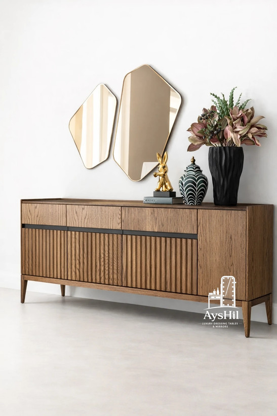 آینه کنسول چوبی لوکس مدل رکورد با MDF روکش طبیعی راش و بلوط و گردو همراه با آینه دفرمه اردکان