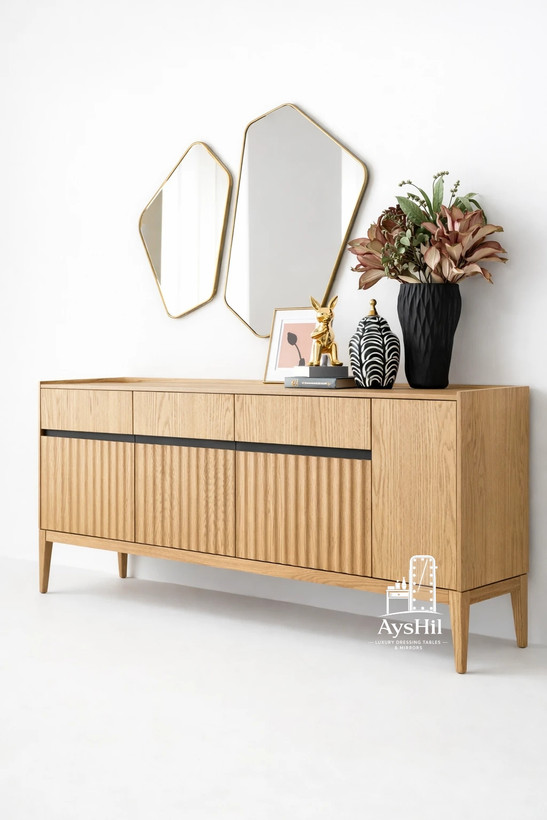 عکس آینه کنسول مدرن ۱۸۰ سانتی مدل رکورد با پایه چوب نراد ضد موریانه و چهار گنجه و سه کشو