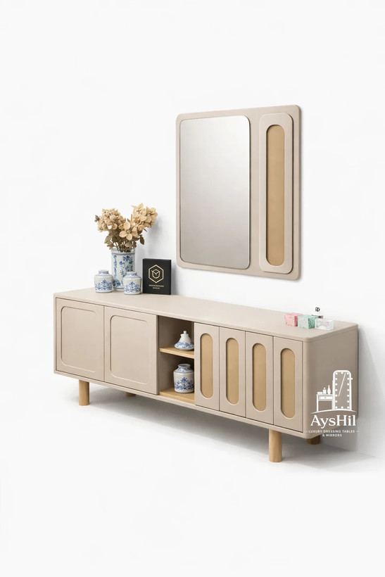 کنسول چوبی مدل سامینا با روکش طبیعی چوب و آینه بزرگ باکیفیت