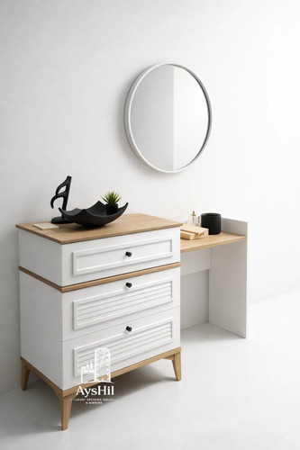 میز آرایش چوبی مدل بنیتا با آینه گرد ۶۵ سانتی و سه کشوی جادار