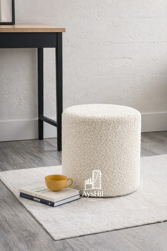 میز آرایش شیک مدل بنیتا با صندلی پارچهای و آینه گرد بزرگ