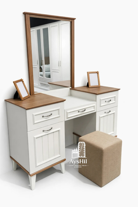 میز آرایش چوبی مدل پدیده با روکش راش طبیعی و آینه بزرگ مستطیلی