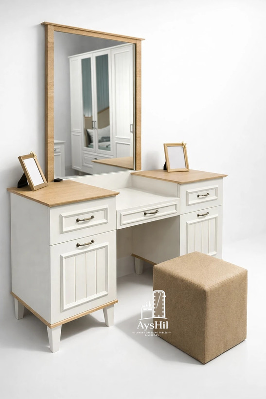 میز آرایش لوکس پدیده ساختهشده از MDF با روکش بلوط و پایههای چوب نراد ضد موریانه