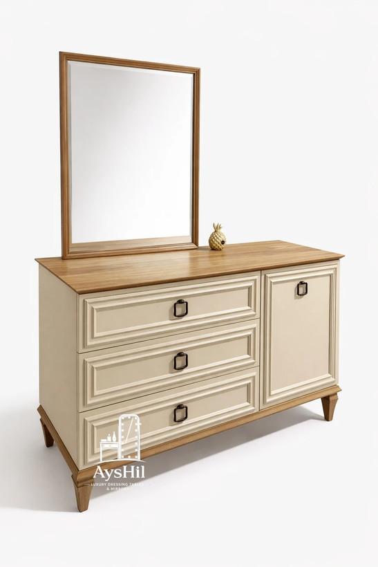 میز آرایش مدل کارن کلاسیک چوبی با آینه مستطیلی و صندلی پارچهای