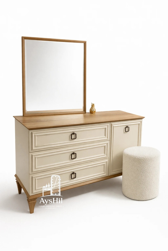 میز آرایش لوکس کلاسیک MDF با روکش چوب طبیعی و پایه چوب نراد