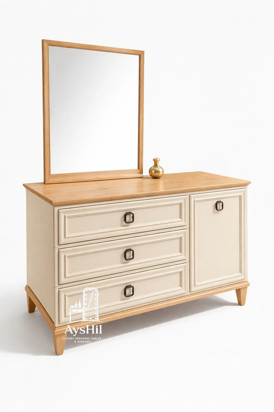 میز آرایش مدل کارن با ۳ کشو جادار و درب کلاسیک MDF با روکش چوب راش