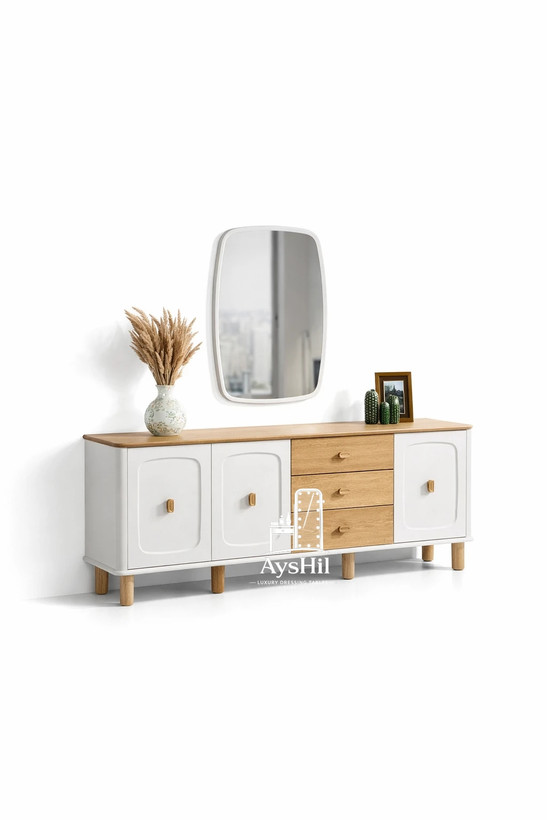 آینه کنسول مدل بنیتا چوبی مدرن با روکش طبیعی راش و طراحی لوکس