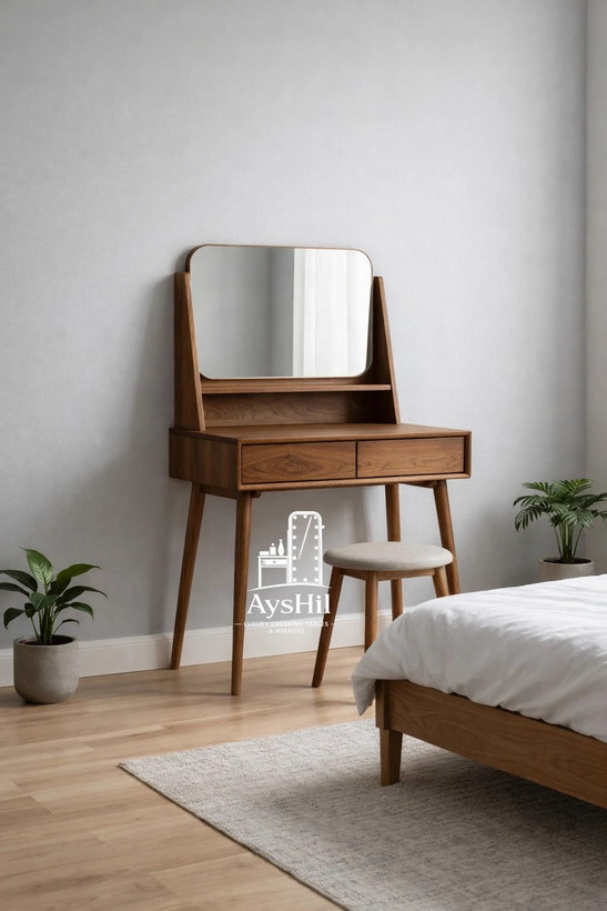 نمای کامل میز آرایش چوبی مدل آنجل با طراحی مدرن و روکش طبیعی چوب