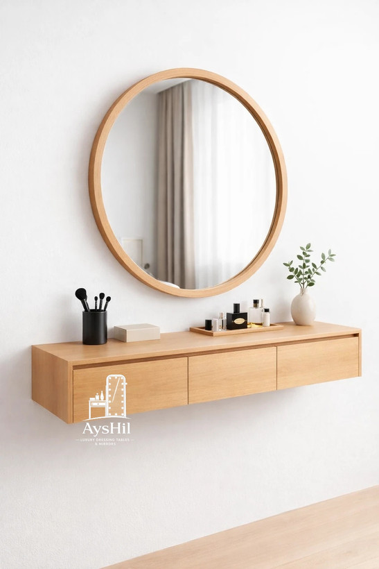 نمای کامل میز آرایش لاکچری آمیتیس با روکش چوب طبیعی راش و بلوط