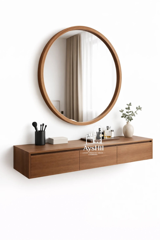 میز آرایش مدل آمیتیس چوبی مدرن با آینه گرد ۸۰ سانتی و صندلی ست