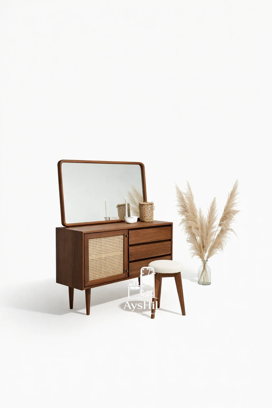 خرید میز آرایش چوبی مدل آلیسا با صندلی ست و روکش طبیعی چوب