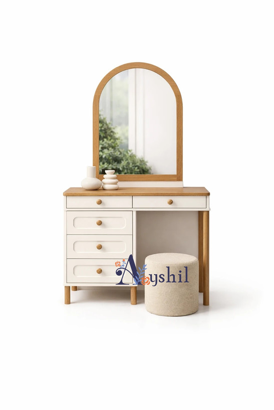 نمای کامل میز آرایش مدل ترمه با صندلی ست و طراحی شیک چوبی