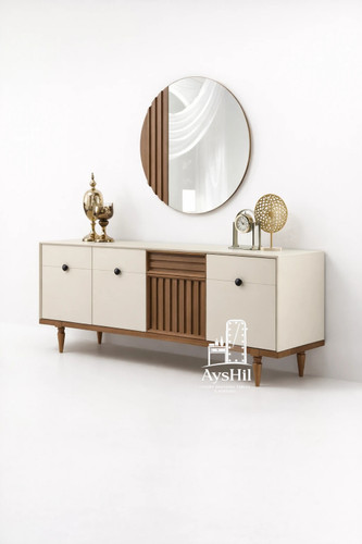 آینه کنسول چوبی رستا با روکش طبیعی راش و پایه چوب جنگلی، مناسب دکوراسیون مدرن پذیرایی