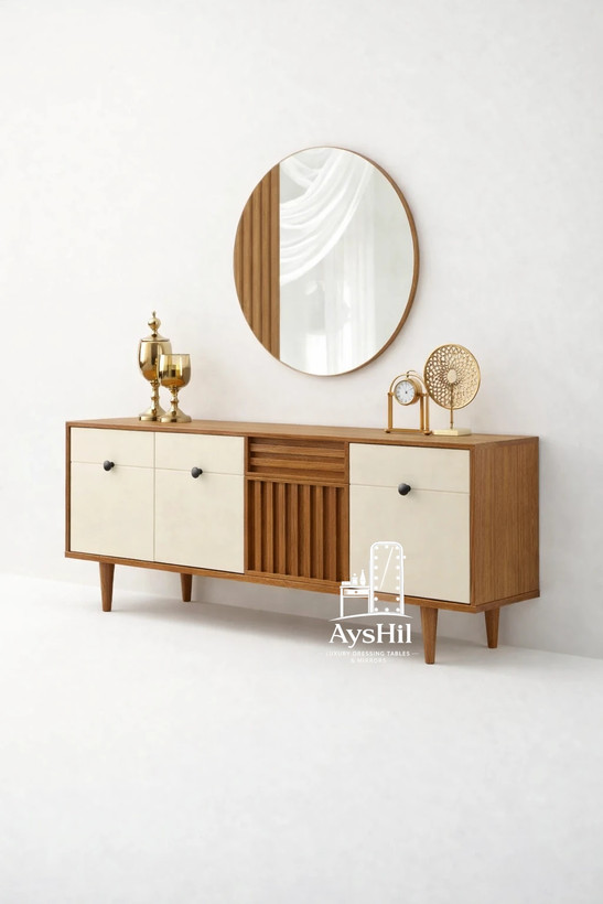 آینه کنسول امدیاف خام با روکش گردو و بلوط، طراحی شیک و مناسب ورودی خانه