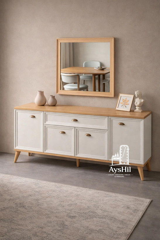 آینه کنسول چوبی مدل آرنا با روکش طبیعی راش و طراحی سهبعدی نیمهکلاسیک