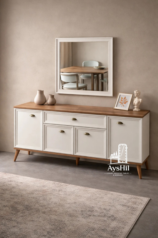 کنسول آینه دار لوکس با جنس MDF روکش چوب بلوط و پایههای چوب جنگلی خاص