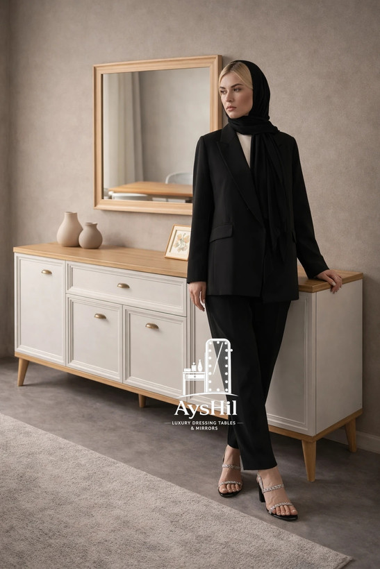 آینه کنسول چوب گردو با آینه اصل اردکان و دستگیره فلزی شیک برای دکوراسیون مدرن