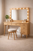 میز آرایش مدل ترمه با آینه چراغدار هالیوودی و روکش طبیعی چوب