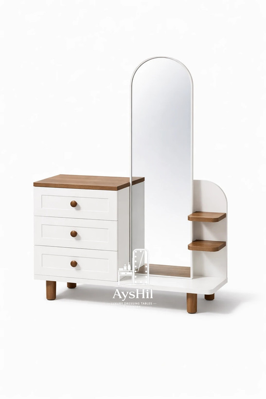 نمای کامل میز آرایش آینه قدی چوبی مدل جانان با روکش طبیعی چوب راش