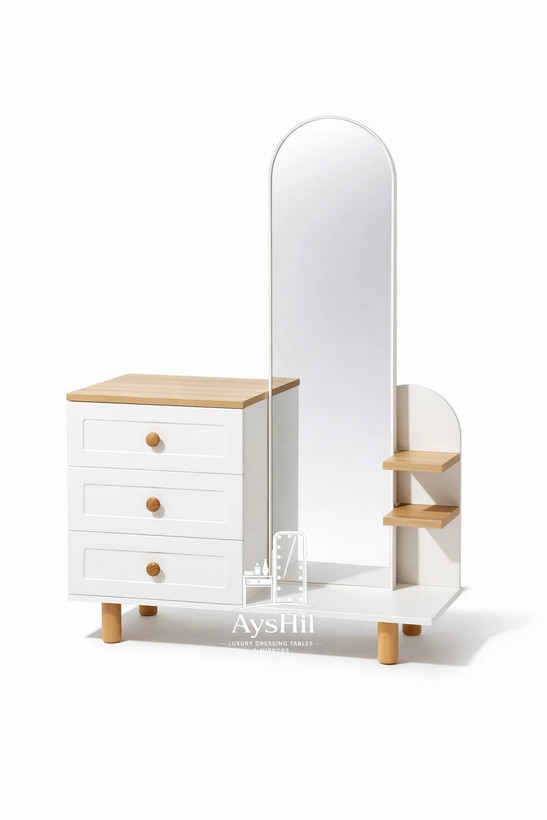 میز آرایش آینه قدی چوب طبیعی مدل جانان با سه کشو و طراحی لوکس مناسب اتاق خواب