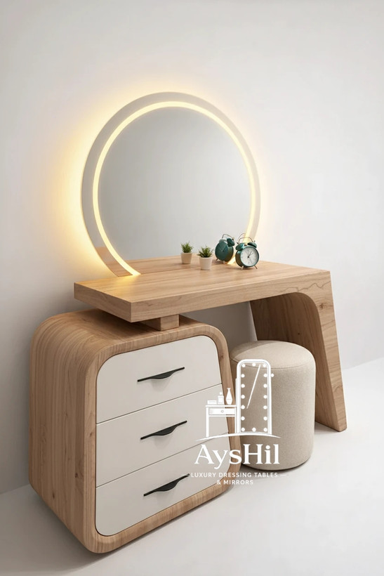 عکس میز آرایش خاص با بدنه امدیاف و روکش راش و بلوط با دستگیره فلزی لوکس