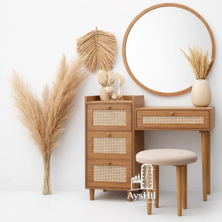 خرید میز آرایش چوبی مدل دایانا با حصیر بامبو و طراحی لاکچری