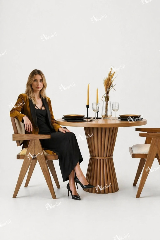 round wooden dining table with fluted base – Iranian handmade