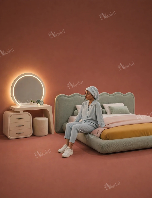 نمای نزدیک تخت خواب لاکچری آیسودا با طراحی نرم و فریم امدیاف مرغوب