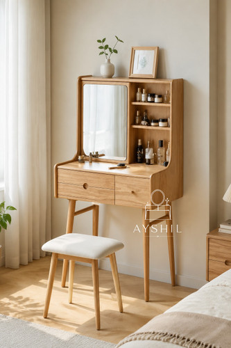 میز آرایش مدل بارانا با روکش طبیعی چوب گردو و آینه بدون جوش مناسب اتاق خواب