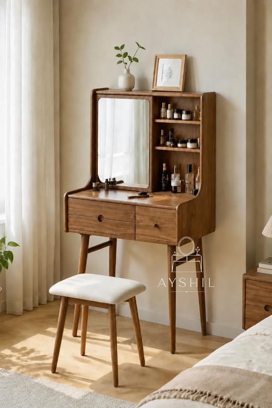 خرید میز آرایش لوکس مدل بارانا MDF مرغوب با روکش طبیعی چوب راش و پایه چوبی