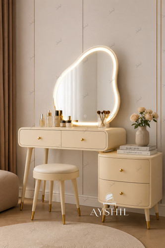 میز آرایش با آینه LED و صندلی پاف مدل پرادا مناسب خانههای مدرن