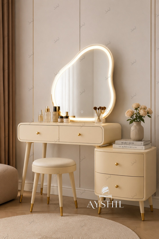 میز آرایش با آینه LED و صندلی پاف مدل پرادا مناسب خانههای مدرن